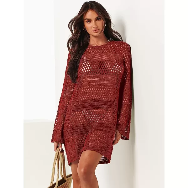 imageANRABESS Women Swimsuit Crochet Swim Cover Up Summer Bathing Suit Swimwear Knit Pullover Beach DressBurgundy