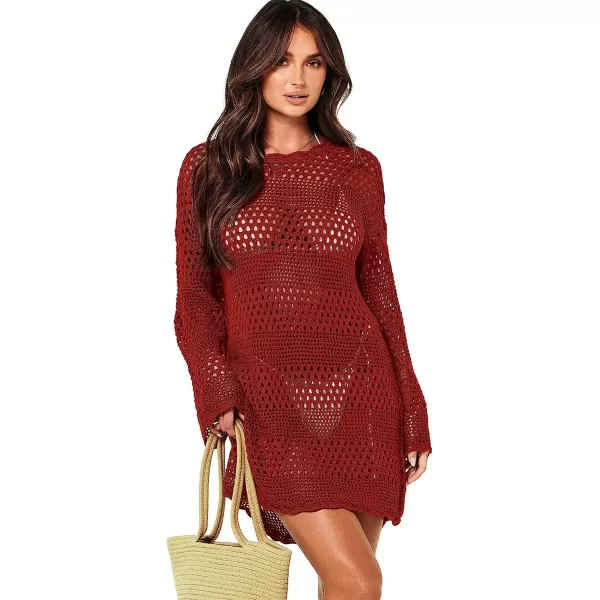 imageANRABESS Women Swimsuit Crochet Swim Cover Up Summer Bathing Suit Swimwear Knit Pullover Beach DressBurgundy