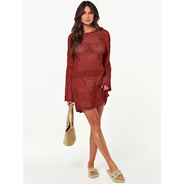imageANRABESS Women Swimsuit Crochet Swim Cover Up Summer Bathing Suit Swimwear Knit Pullover Beach DressBurgundy