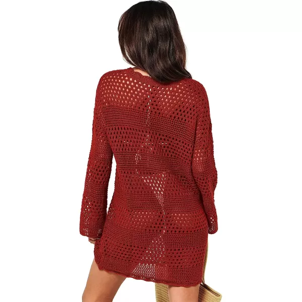 imageANRABESS Women Swimsuit Crochet Swim Cover Up Summer Bathing Suit Swimwear Knit Pullover Beach DressBurgundy