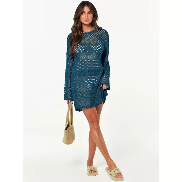 imageANRABESS Women Swimsuit Crochet Swim Cover Up Summer Bathing Suit Swimwear Knit Pullover Beach DressCyan