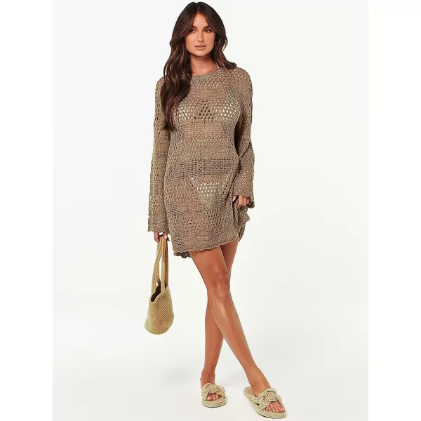 imageANRABESS Women Swimsuit Crochet Swim Cover Up Summer Bathing Suit Swimwear Knit Pullover Beach DressKhaki