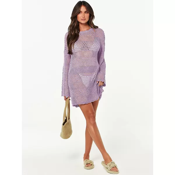 imageANRABESS Women Swimsuit Crochet Swim Cover Up Summer Bathing Suit Swimwear Knit Pullover Beach DressLight Purple