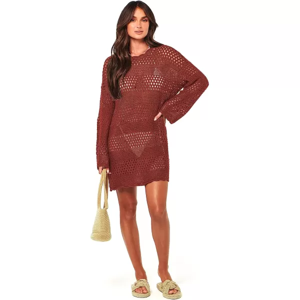 imageANRABESS Women Swimsuit Crochet Swim Cover Up Summer Bathing Suit Swimwear Knit Pullover Beach DressRed