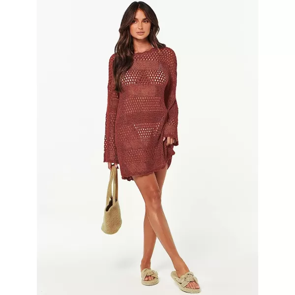 imageANRABESS Women Swimsuit Crochet Swim Cover Up Summer Bathing Suit Swimwear Knit Pullover Beach DressRed