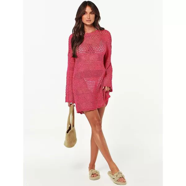 imageANRABESS Women Swimsuit Crochet Swim Cover Up Summer Bathing Suit Swimwear Knit Pullover Beach DressRose
