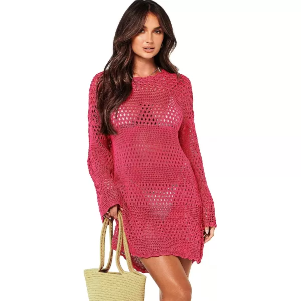 imageANRABESS Women Swimsuit Crochet Swim Cover Up Summer Bathing Suit Swimwear Knit Pullover Beach DressRose