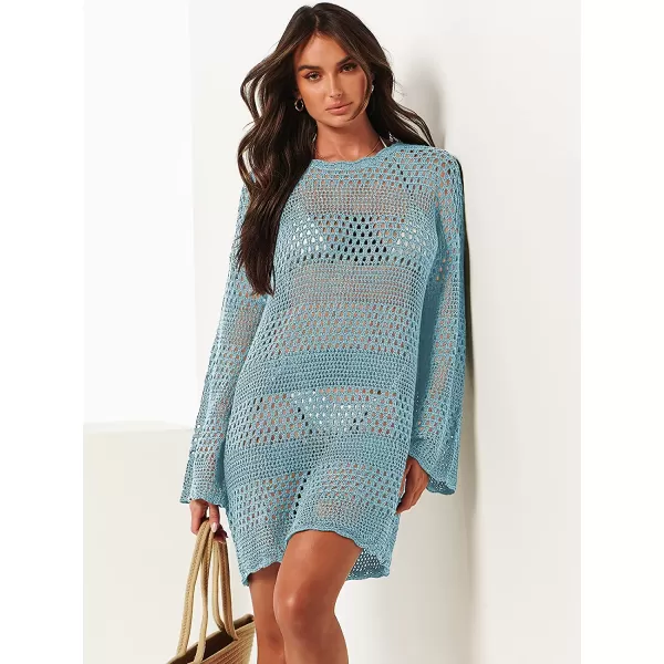 imageANRABESS Women Swimsuit Crochet Swim Cover Up Summer Bathing Suit Swimwear Knit Pullover Beach DressSky Blue