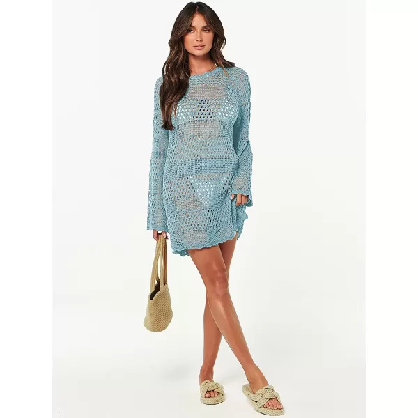 imageANRABESS Women Swimsuit Crochet Swim Cover Up Summer Bathing Suit Swimwear Knit Pullover Beach DressSky Blue