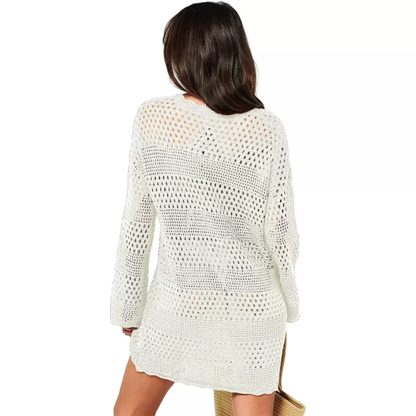 imageANRABESS Women Swimsuit Crochet Swim Cover Up Summer Bathing Suit Swimwear Knit Pullover Beach DressWhite