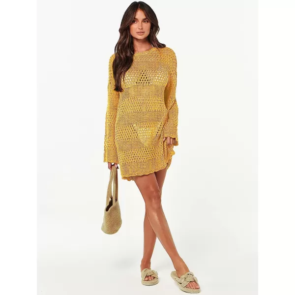 imageANRABESS Women Swimsuit Crochet Swim Cover Up Summer Bathing Suit Swimwear Knit Pullover Beach DressYellow