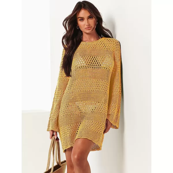 imageANRABESS Women Swimsuit Crochet Swim Cover Up Summer Bathing Suit Swimwear Knit Pullover Beach DressYellow