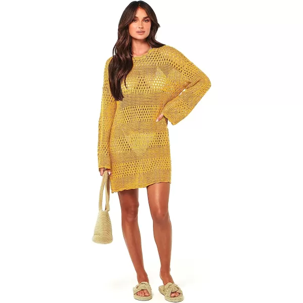 imageANRABESS Women Swimsuit Crochet Swim Cover Up Summer Bathing Suit Swimwear Knit Pullover Beach DressYellow