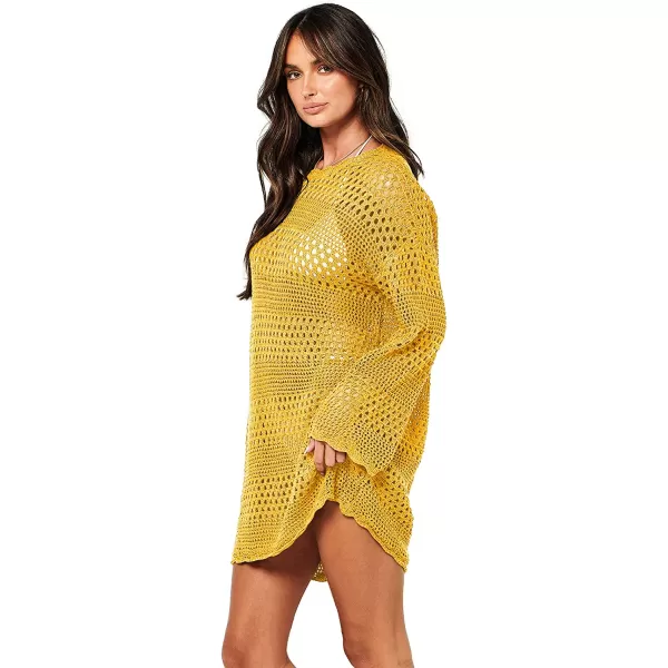 imageANRABESS Women Swimsuit Crochet Swim Cover Up Summer Bathing Suit Swimwear Knit Pullover Beach DressYellow