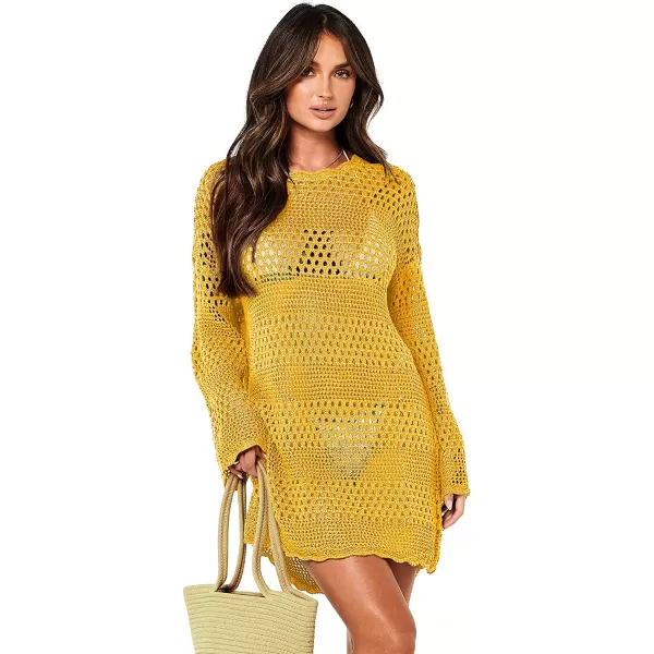 imageANRABESS Women Swimsuit Crochet Swim Cover Up Summer Bathing Suit Swimwear Knit Pullover Beach DressYellow