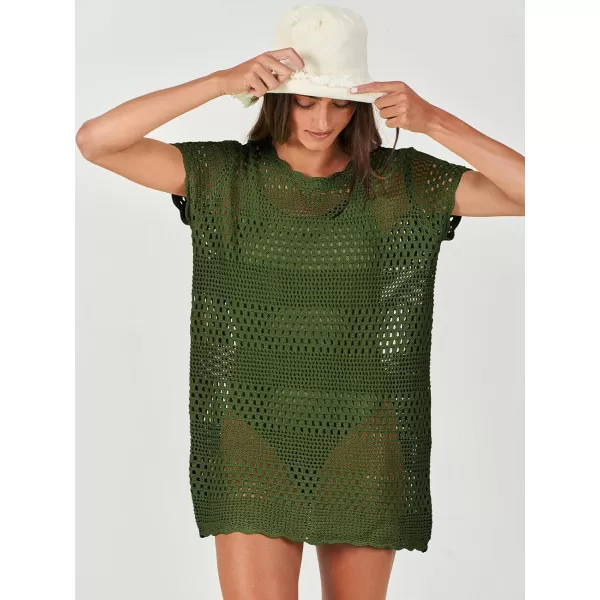 imageANRABESS Women Swimsuit Crochet Swim Cover Up Summer Bathing Suit Swimwear Knit Short Sleeve Pullover Beach DressArmy Green