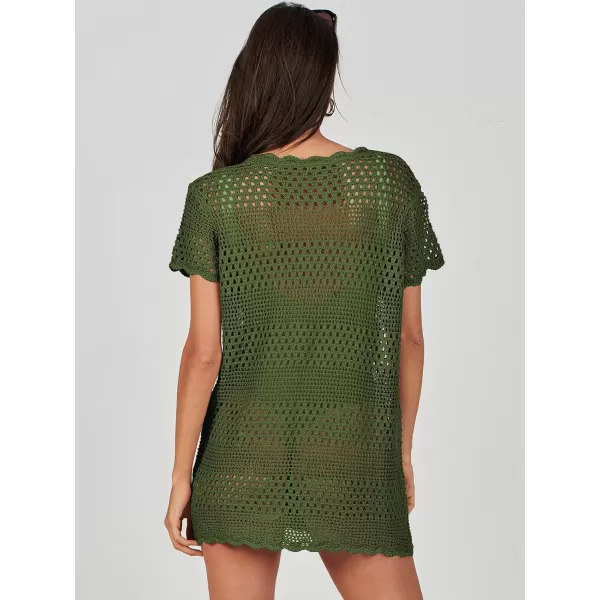 imageANRABESS Women Swimsuit Crochet Swim Cover Up Summer Bathing Suit Swimwear Knit Short Sleeve Pullover Beach DressArmy Green