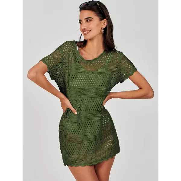 imageANRABESS Women Swimsuit Crochet Swim Cover Up Summer Bathing Suit Swimwear Knit Short Sleeve Pullover Beach DressArmy Green