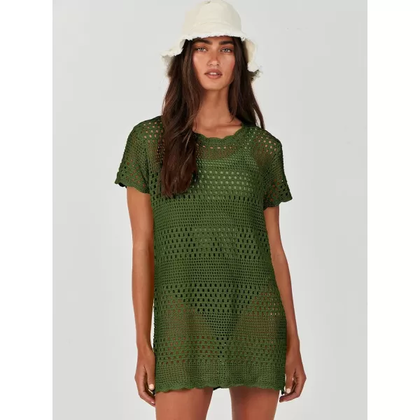 imageANRABESS Women Swimsuit Crochet Swim Cover Up Summer Bathing Suit Swimwear Knit Short Sleeve Pullover Beach DressArmy Green