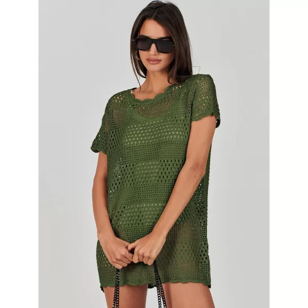 imageANRABESS Women Swimsuit Crochet Swim Cover Up Summer Bathing Suit Swimwear Knit Short Sleeve Pullover Beach DressArmy Green
