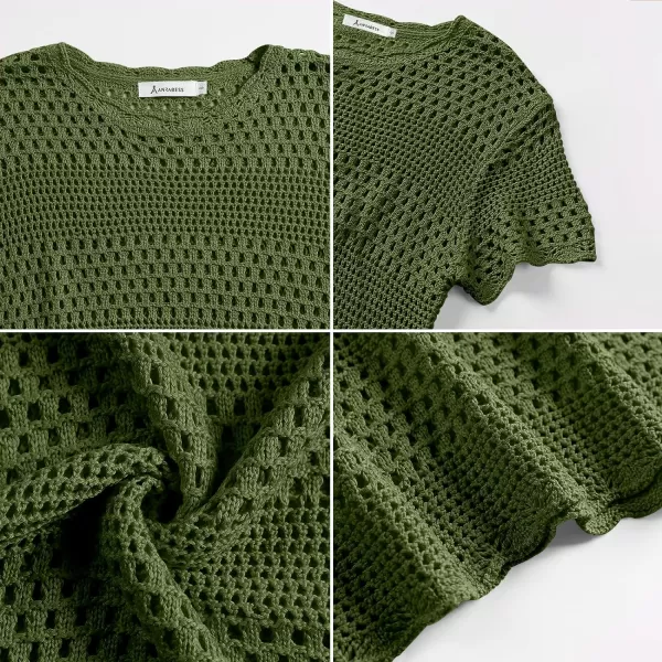 imageANRABESS Women Swimsuit Crochet Swim Cover Up Summer Bathing Suit Swimwear Knit Short Sleeve Pullover Beach DressArmy Green