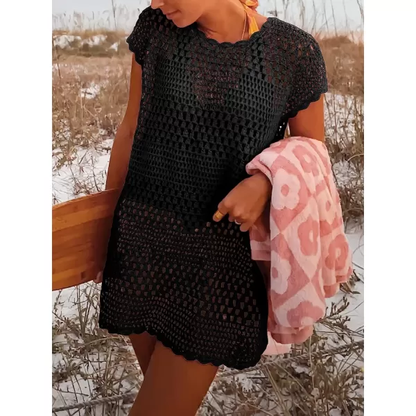 imageANRABESS Women Swimsuit Crochet Swim Cover Up Summer Bathing Suit Swimwear Knit Short Sleeve Pullover Beach DressBlack