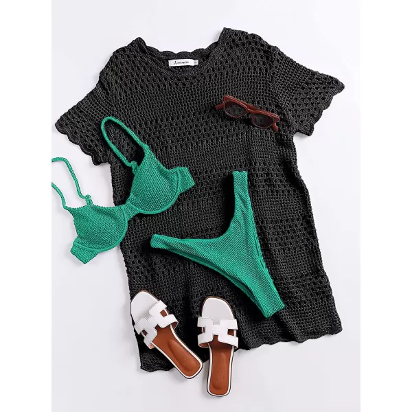 imageANRABESS Women Swimsuit Crochet Swim Cover Up Summer Bathing Suit Swimwear Knit Short Sleeve Pullover Beach DressBlack
