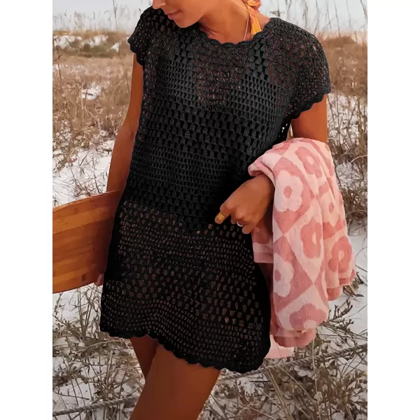 imageANRABESS Women Swimsuit Crochet Swim Cover Up Summer Bathing Suit Swimwear Knit Short Sleeve Pullover Beach DressBlack