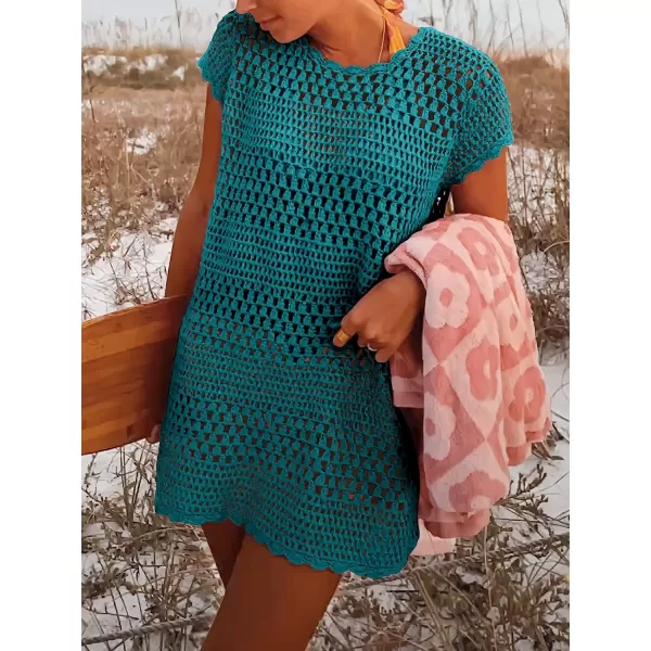 imageANRABESS Women Swimsuit Crochet Swim Cover Up Summer Bathing Suit Swimwear Knit Short Sleeve Pullover Beach DressCyan