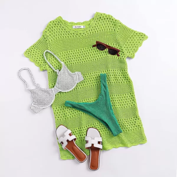 imageANRABESS Women Swimsuit Crochet Swim Cover Up Summer Bathing Suit Swimwear Knit Short Sleeve Pullover Beach DressGreen