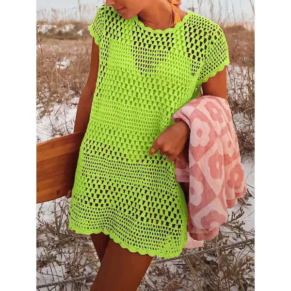 imageANRABESS Women Swimsuit Crochet Swim Cover Up Summer Bathing Suit Swimwear Knit Short Sleeve Pullover Beach DressGreen