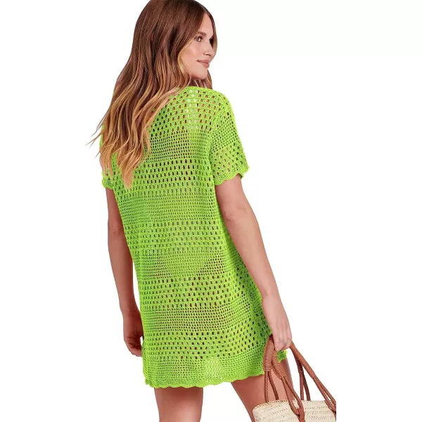 imageANRABESS Women Swimsuit Crochet Swim Cover Up Summer Bathing Suit Swimwear Knit Short Sleeve Pullover Beach DressGreen