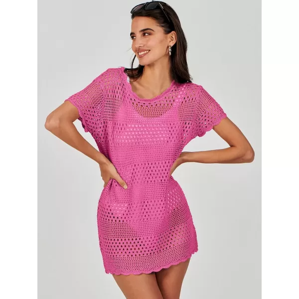 imageANRABESS Women Swimsuit Crochet Swim Cover Up Summer Bathing Suit Swimwear Knit Short Sleeve Pullover Beach DressHot Pink