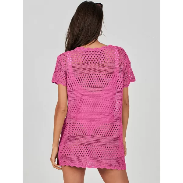 imageANRABESS Women Swimsuit Crochet Swim Cover Up Summer Bathing Suit Swimwear Knit Short Sleeve Pullover Beach DressHot Pink