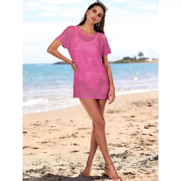 imageANRABESS Women Swimsuit Crochet Swim Cover Up Summer Bathing Suit Swimwear Knit Short Sleeve Pullover Beach DressHot Pink