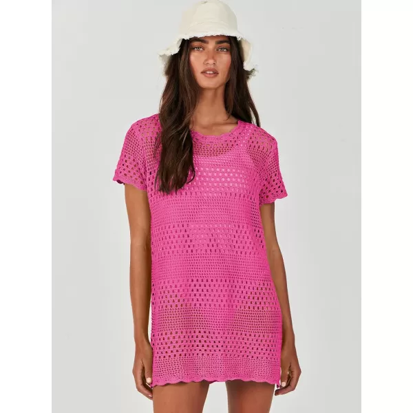 imageANRABESS Women Swimsuit Crochet Swim Cover Up Summer Bathing Suit Swimwear Knit Short Sleeve Pullover Beach DressHot Pink