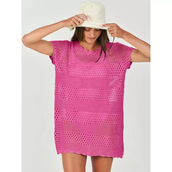 imageANRABESS Women Swimsuit Crochet Swim Cover Up Summer Bathing Suit Swimwear Knit Short Sleeve Pullover Beach DressHot Pink