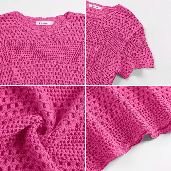imageANRABESS Women Swimsuit Crochet Swim Cover Up Summer Bathing Suit Swimwear Knit Short Sleeve Pullover Beach DressHot Pink