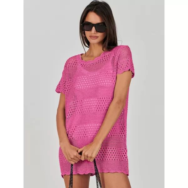 imageANRABESS Women Swimsuit Crochet Swim Cover Up Summer Bathing Suit Swimwear Knit Short Sleeve Pullover Beach DressHot Pink