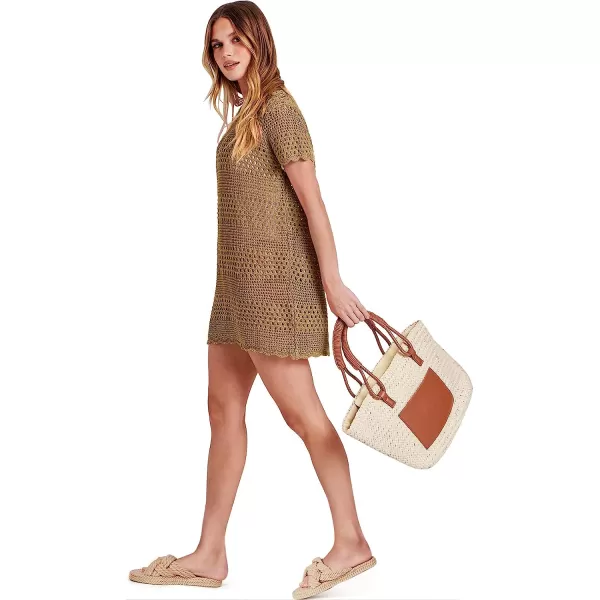 imageANRABESS Women Swimsuit Crochet Swim Cover Up Summer Bathing Suit Swimwear Knit Short Sleeve Pullover Beach DressKhaki