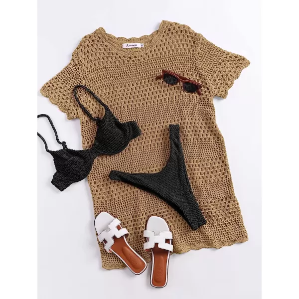 imageANRABESS Women Swimsuit Crochet Swim Cover Up Summer Bathing Suit Swimwear Knit Short Sleeve Pullover Beach DressKhaki