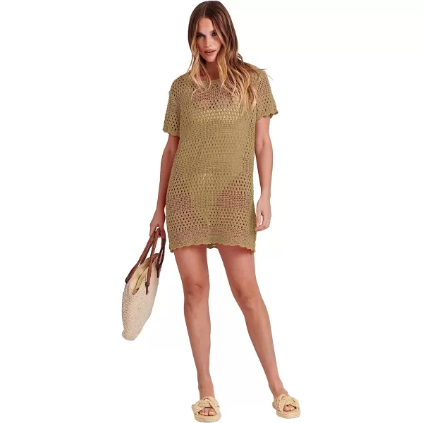 imageANRABESS Women Swimsuit Crochet Swim Cover Up Summer Bathing Suit Swimwear Knit Short Sleeve Pullover Beach DressKhaki