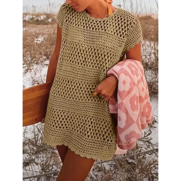 imageANRABESS Women Swimsuit Crochet Swim Cover Up Summer Bathing Suit Swimwear Knit Short Sleeve Pullover Beach DressKhaki