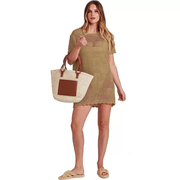 imageANRABESS Women Swimsuit Crochet Swim Cover Up Summer Bathing Suit Swimwear Knit Short Sleeve Pullover Beach DressKhaki