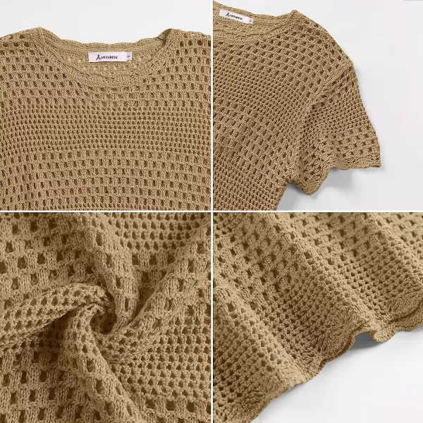 imageANRABESS Women Swimsuit Crochet Swim Cover Up Summer Bathing Suit Swimwear Knit Short Sleeve Pullover Beach DressKhaki