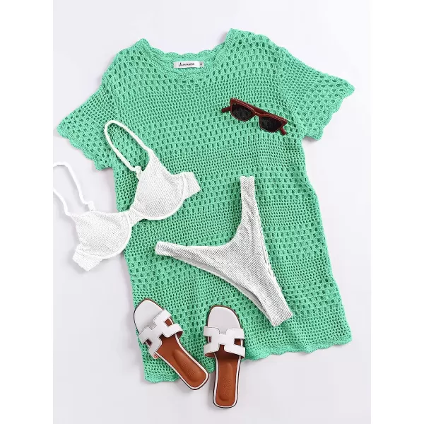 imageANRABESS Women Swimsuit Crochet Swim Cover Up Summer Bathing Suit Swimwear Knit Short Sleeve Pullover Beach DressMint