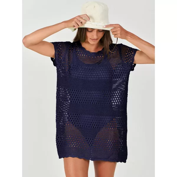 imageANRABESS Women Swimsuit Crochet Swim Cover Up Summer Bathing Suit Swimwear Knit Short Sleeve Pullover Beach DressNavy Blue
