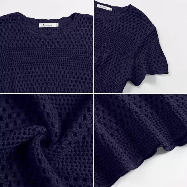 imageANRABESS Women Swimsuit Crochet Swim Cover Up Summer Bathing Suit Swimwear Knit Short Sleeve Pullover Beach DressNavy Blue