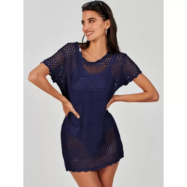 imageANRABESS Women Swimsuit Crochet Swim Cover Up Summer Bathing Suit Swimwear Knit Short Sleeve Pullover Beach DressNavy Blue