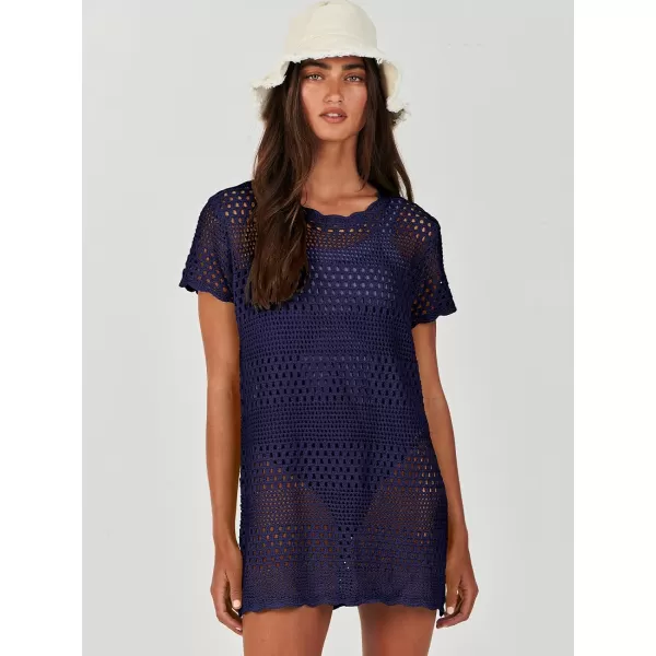 imageANRABESS Women Swimsuit Crochet Swim Cover Up Summer Bathing Suit Swimwear Knit Short Sleeve Pullover Beach DressNavy Blue